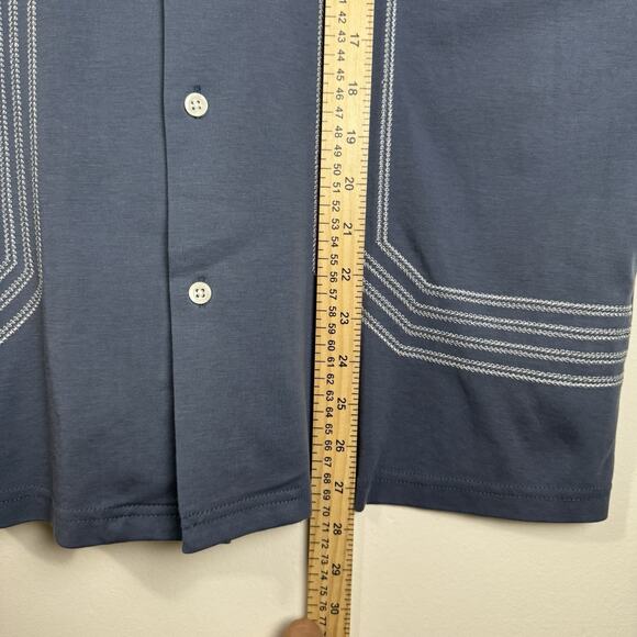 REISS Men’s Short Sleeve Cuban Collar Shirt Large Blue Embroidered Cotton - Picture 2 of 10